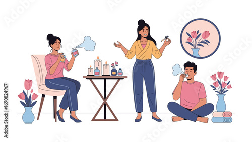Diverse group of young adults enjoying and applying various beauty products and fragrances in a bright stylish indoor setting with floral decorations