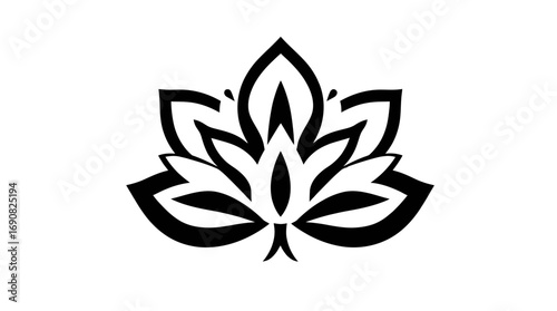 A stylized black and white floral design, resembling a lotus flower, centered on white background.