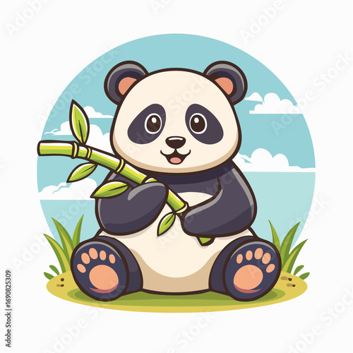 Cute cartoon panda bear sitting on the grass holding a bamboo stalk. Adorable wildlife animal illustration for children