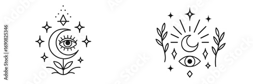 Esoteric symbols of a celestial moon, all-seeing eye, and stars with botanical plants in a minimalist black and white line art style