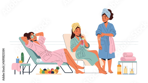 Three diverse women in fluffy bathrobes and towels enjoying a relaxing spa day with skincare products and refreshments on lounge chairs