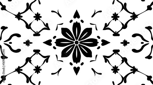 Symmetrical black and white floral pattern, intricate design, repeating motif, kaleidoscopic effect.