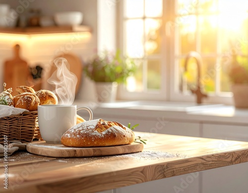 Firefly_A photograph of a cozy kitchen counter with freshly baked bread and a cup of coffee,  864650