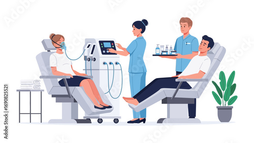 Medical professionals attending to patients undergoing dialysis treatment in a modern clinic with advanced equipment and sterile environment