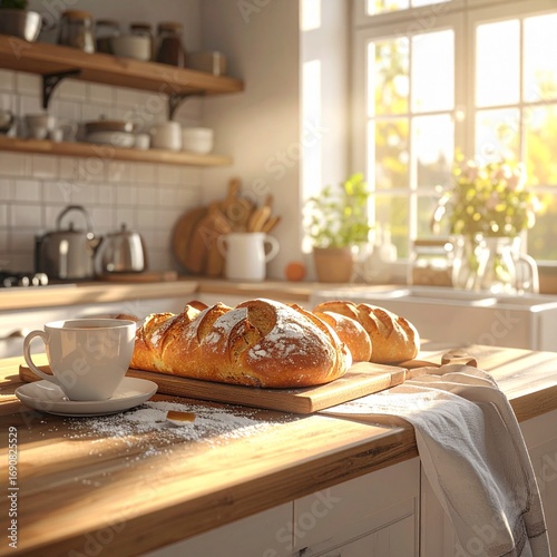 Firefly_A photograph of a cozy kitchen counter with freshly baked bread and a cup of coffee,  864650
