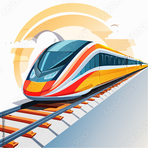 Futuristic high-speed passenger express train on a railroad journey, symbolizing modern public transportation and rapid transit