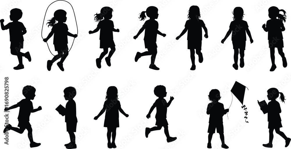 Naklejka premium Children silhouettes, playing, running, walking, jumping rope, reading, flying kite, childhood activities, kids movement, outdoor play, youth lifestyle icons