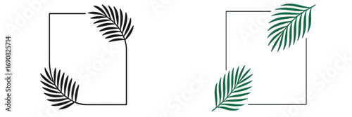 Elegant set of two minimalist frames with tropical palm leaf silhouettes, a botanical border design element for summer invitations and themes