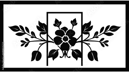 Ornate floral design with a central flower and stylized leaves, framed by a rectangular border.
