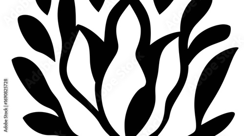 Stylized black and white floral design, reminiscent of a blooming flower or plant, enclosed within leaves.