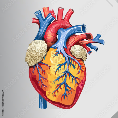 Anatomical illustration of a human heart showing blood vessels, chambers, and valves, representing the circulatory system and cardiovascular health