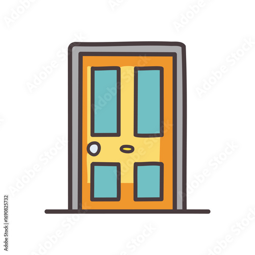 A simple cartoon illustration of a closed, paneled door.