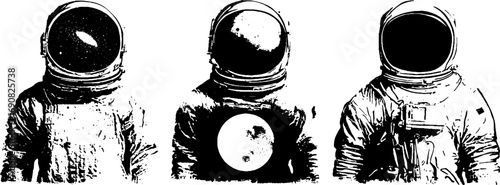 Grunge black and white astronaut head illustration set in vintage style for urban art design
