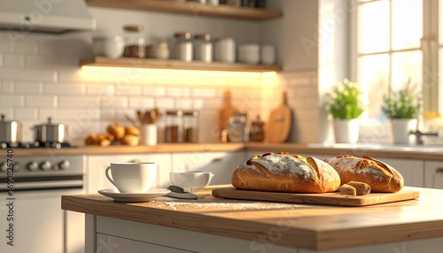 Firefly_A photograph of a cozy kitchen counter with freshly baked bread and a cup of coffee,  864650