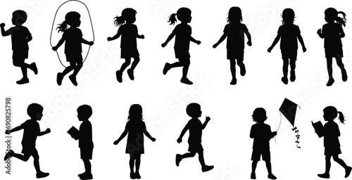 Children silhouettes, playing, running, walking, jumping rope, reading, flying kite, childhood activities, kids movement, outdoor play, youth lifestyle icons