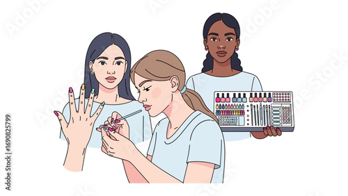 Diverse group of women focused on nail care and beauty with one applying polish and another displaying a palette of colors