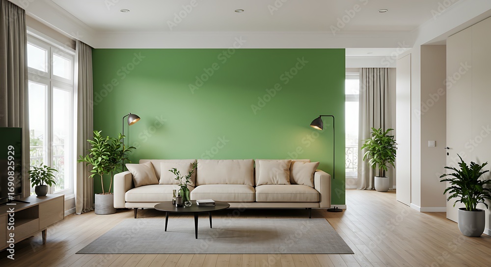 Fototapeta premium Modern living room with green accent wall