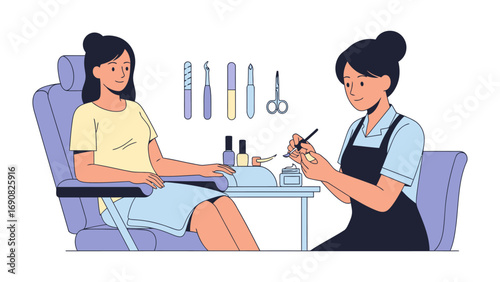 Professional manicurist carefully applying nail polish to a client s fingernails in a modern salon setting with tools displayed