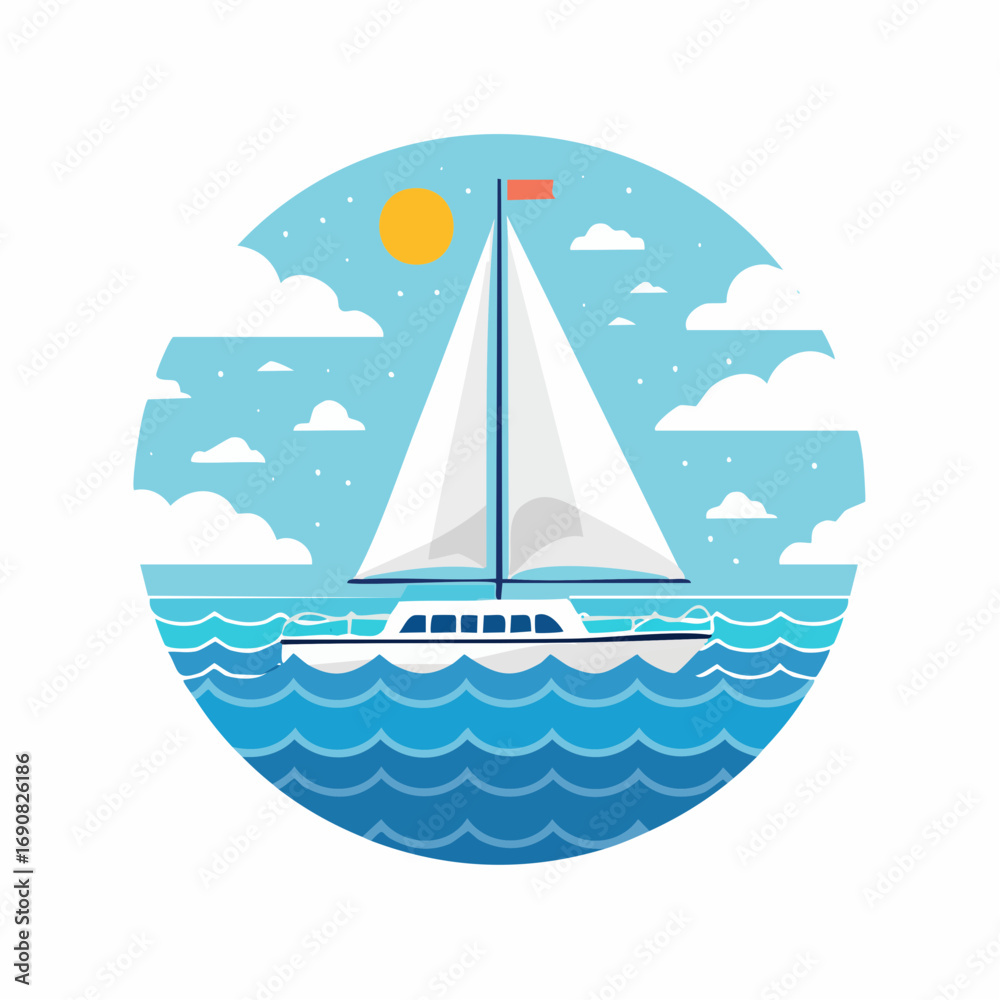 Fototapeta premium Sailing Yacht on a Sunny Day Ocean Voyage Illustration