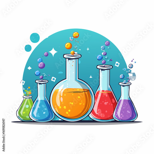 Colorful Cartoon Illustration of Science Beakers with Bubbles and Liquids for Education and Experiment
