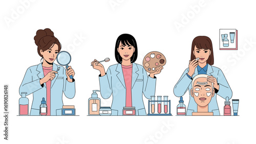 Three female scientists in lab coats examining skin and facial features with magnifying glass and tools in a laboratory setting