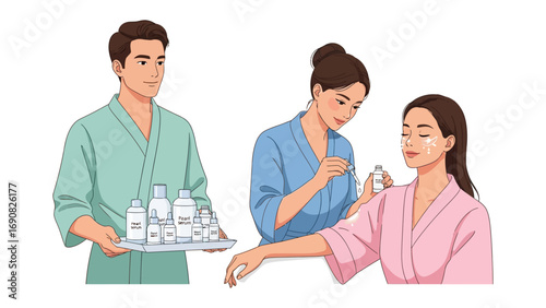 A male spa attendant in a teal robe presents a tray of skincare products to a female client receiving a facial treatment from a therapist in a blue robe