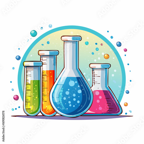 Vibrant illustration featuring laboratory flasks filled with colorful, bubbling liquids, representing chemical experiments and the exciting world of scientific discovery