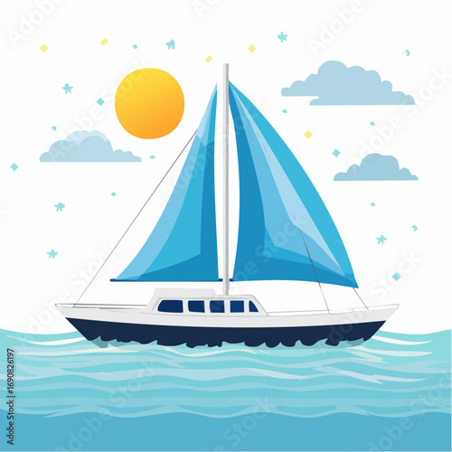 A cartoon sailboat with bright blue sails cruising on the ocean waves under a sunny sky, a vector illustration of a nautical journey and adventure