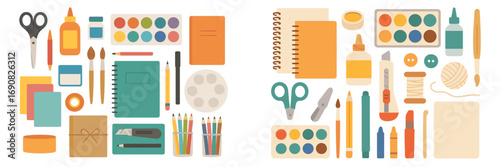 Flat design sets of school and art supplies for creative hobbies featuring notebooks, paint, brushes, scissors, and stationery tools on a white background