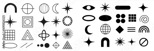 Collection of modern abstract geometric shapes and symbols in a minimalist brutalist style for graphic design elements