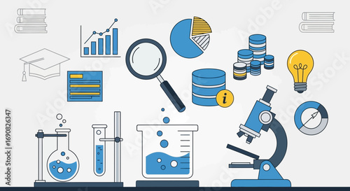 Infographic illustration showcasing data analysis tools and scientific research equipment