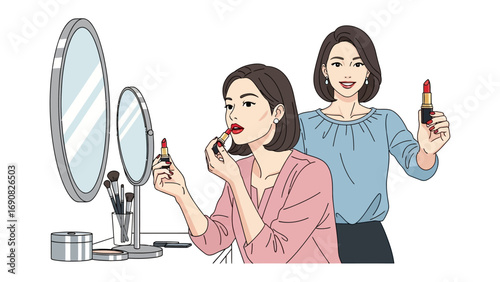 Two young women applying makeup in front of a mirror one applying lipstick and the other holding a lipstick