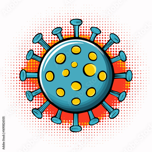 A vibrant pop art comic book style illustration of a dangerous virus cell. Colorful cartoon pathogen with spikes isolated on a white background