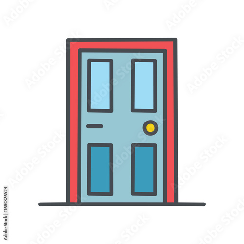 A simple illustration of a closed, teal door with a red frame and a yellow doorknob.