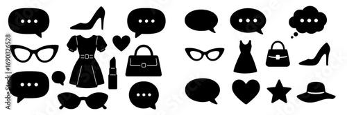 Black silhouette icon set of women's fashion accessories like dress, shoes, handbag, lipstick, and sunglasses with speech bubbles for communication