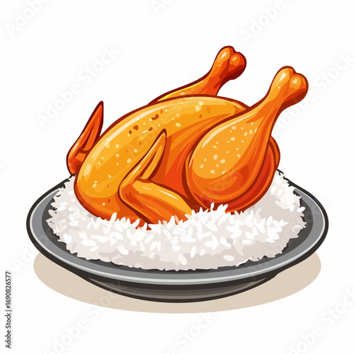 A delicious golden-brown roasted chicken nestled on a bed of fluffy white rice, presented on a dark plate, ready to be enjoyed