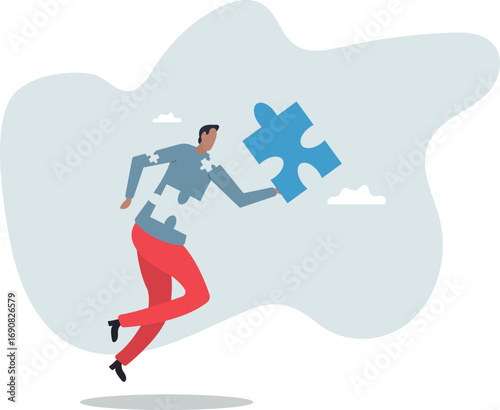 Finding jigsaw piece to complete work, career or success business, search for new idea to solve self problem, challenge or inspiration.about a man and his life.