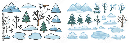 A large collection of winter nature elements including snowy mountains, pine trees, bare branches, snowdrifts, and frozen puddles isolated on a white background