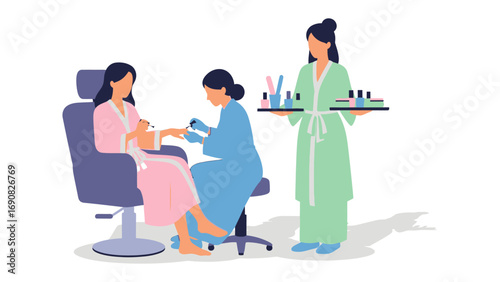 Professional manicurist carefully applying nail polish to a client s fingernails in a salon setting with a beauty technician holding tools