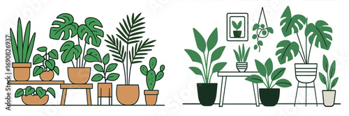 Collection of modern indoor houseplants in pots and planters for home decor, featuring monstera, snake plant, and cactus in a minimalist line art style