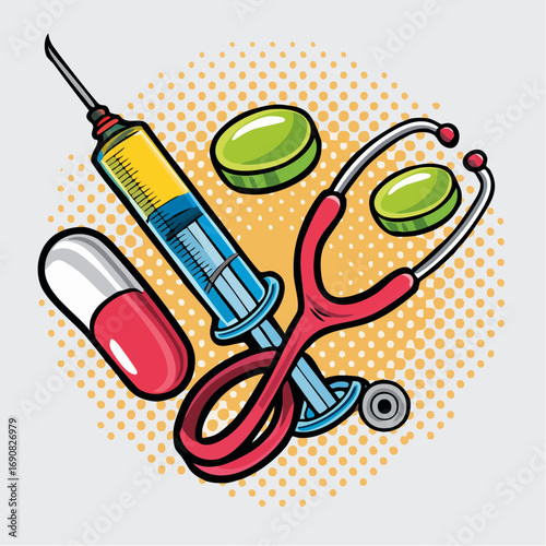 Conceptual healthcare and medicine illustration with essential medical tools like a stethoscope, syringe, and various medications on a pop art background