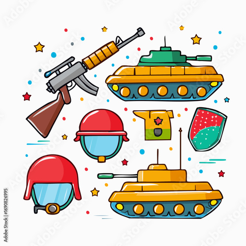Vector graphic set of military-themed elements like tanks, weapons, and armor in a fun, playful cartoon illustration