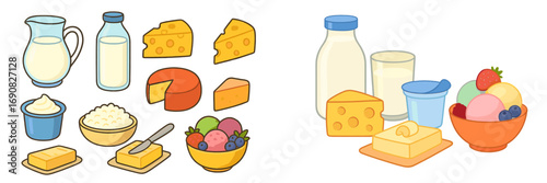 Collection of cartoon dairy products including milk, cheese, butter, yogurt, and ice cream isolated on a white background