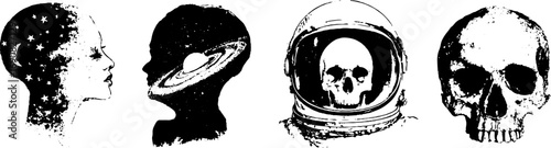 Grunge black and white head illustrations featuring astronaut and skull concepts for urban designs
