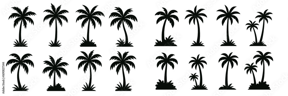 Obraz premium Set of black palm tree silhouettes isolated on a white background for tropical summer beach vacation designs