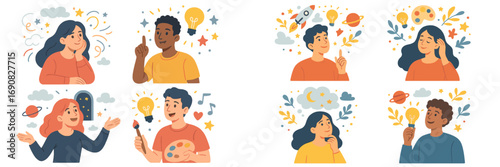 Collection of diverse people thinking and dreaming with creative ideas, imagination, and inspiration symbols like lightbulbs and stars