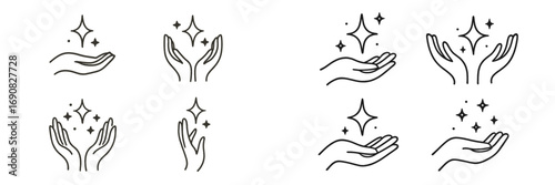 Elegant hand gestures with magic sparkles and shining stars in a simple outline style representing clean quality and wishes