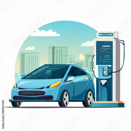 A futuristic blue electric car refueling at a charging station, showcasing the concept of sustainable urban mobility and green energy technology