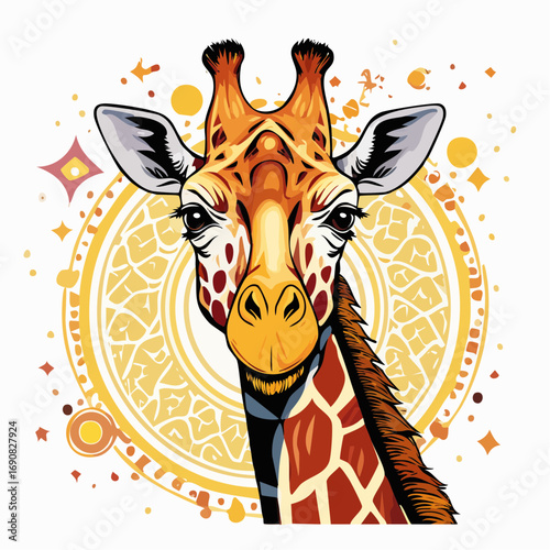 Stylized giraffe head illustration with an ornamental mandala background and sparkling details, a vibrant vector design isolated on white