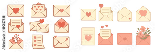Set of romantic love letters and envelopes with hearts and flowers for Valentine's Day greeting cards and messages